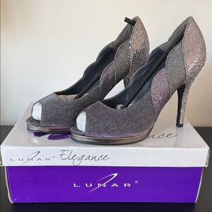 Lunar Elegance Glitter Ombre Peep-Toe Stiletto Heels — Metallic Purple & Silver